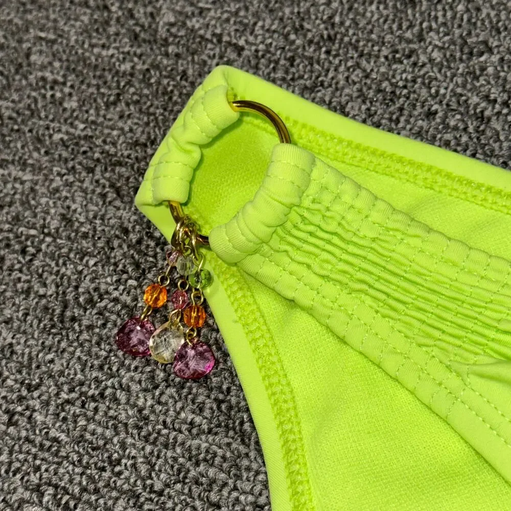 No Boundaries Y2K Lime/Neon Green Bikini Bottom Boho Women's Size Large NWT